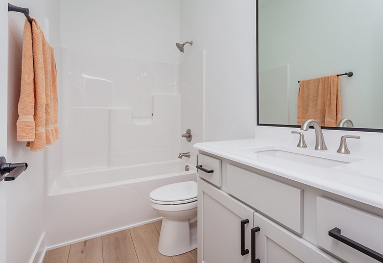 Black House Bathroom bathroom with standard tub/shower combo, taupe cabinetry and white countertop